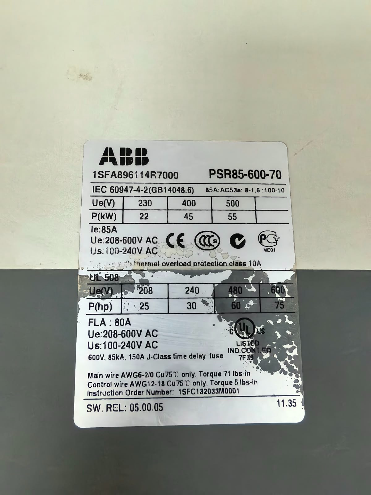 ABB PSR85-600-70 ABB PSR85-600-70 1SFA896114R7000 SOFT STARTER 6
