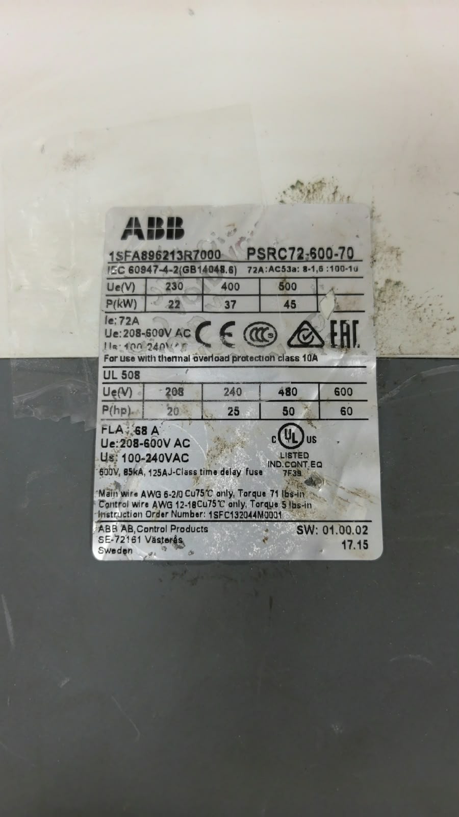 ABB PSRC72-600-70 ABB PSRC72-600-70 1SFA896213R7000 SOFT STARTER 7