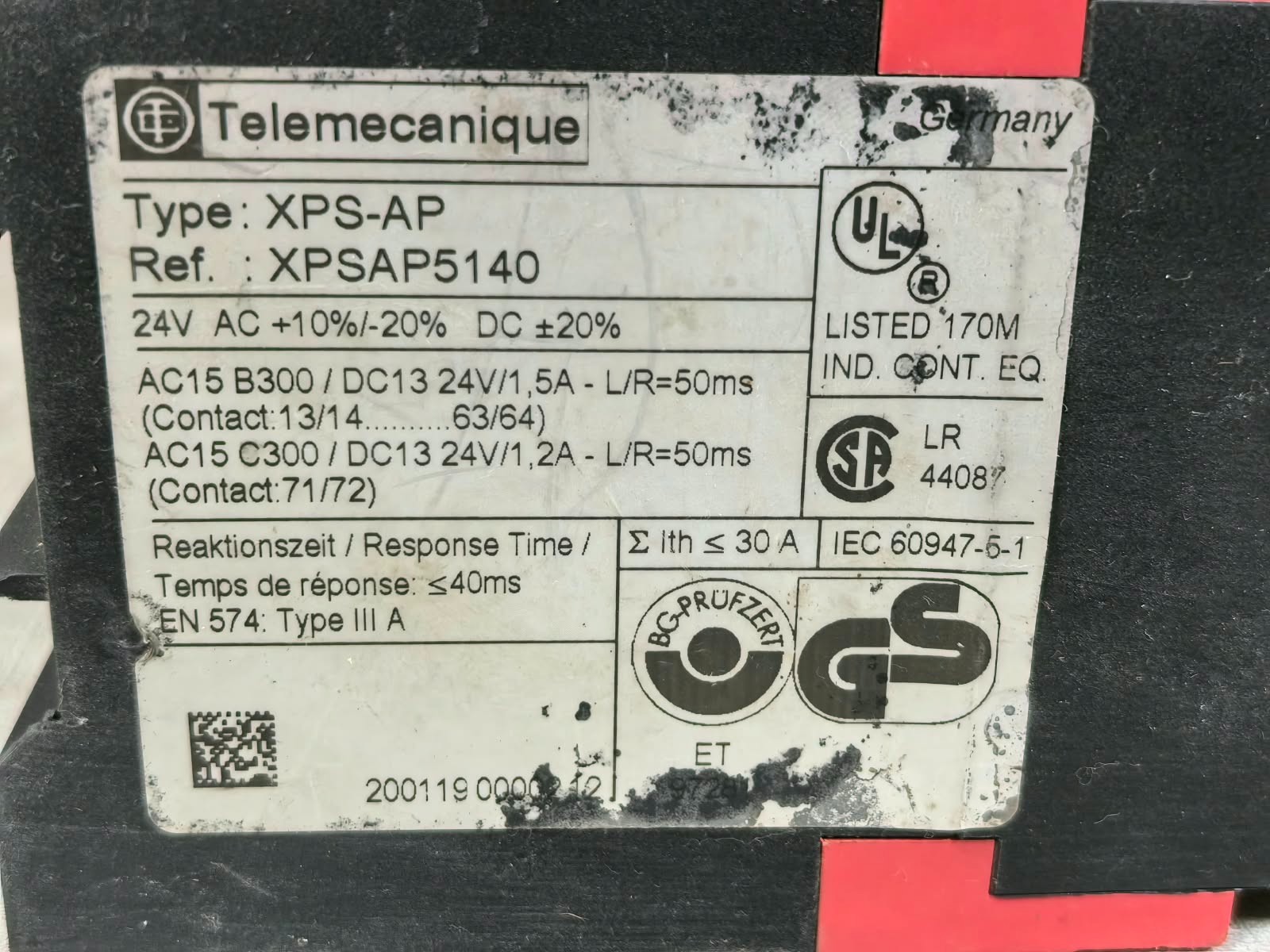 Telemecanique XPS-AP / XPSAP5140 TELEMECANIQUE XPS-AP / XPSAP5140 SAFETY RELAY 24VAC 5