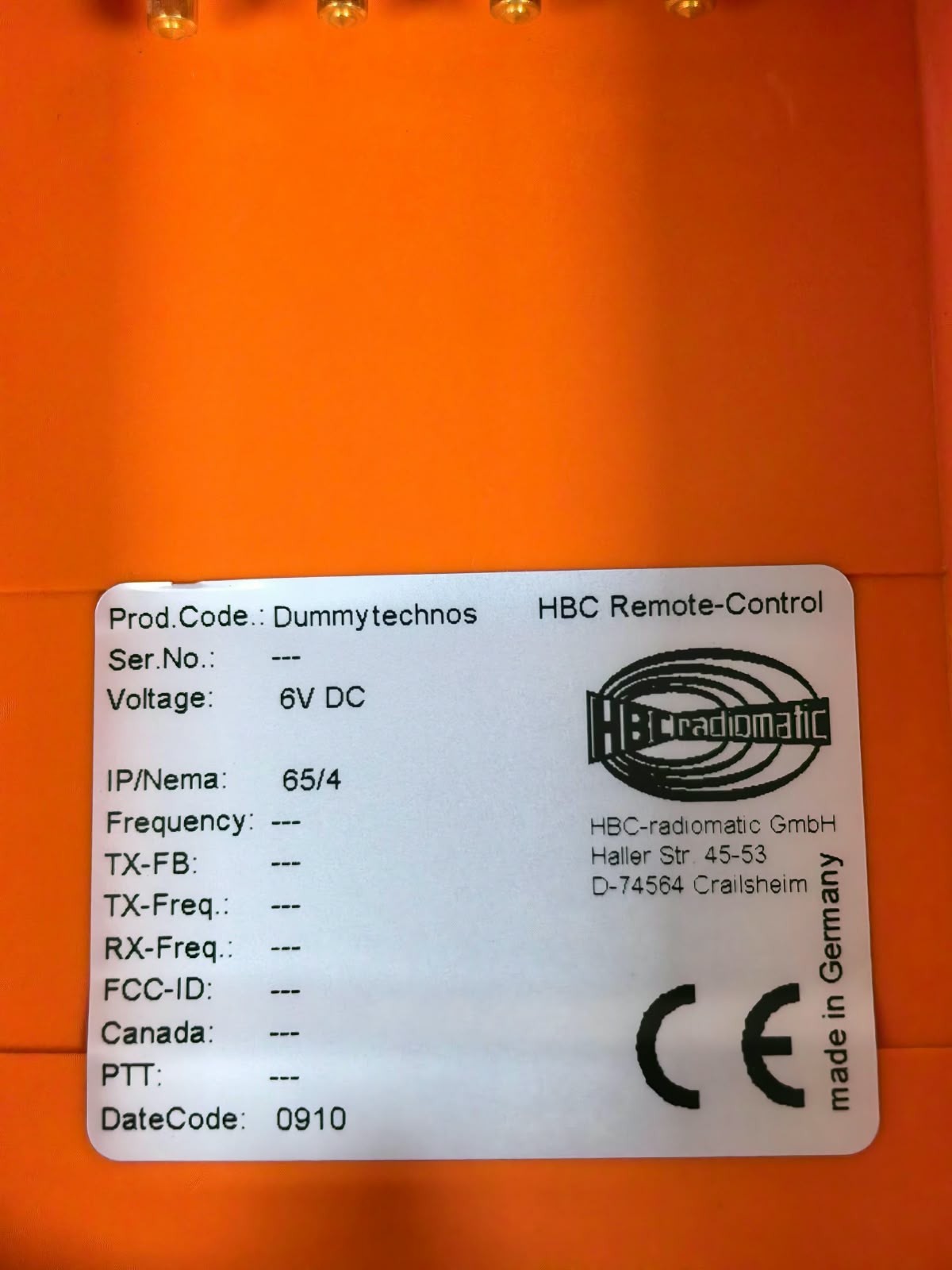 HBC RADIOMATIC DUMMY TECHNOS HBC RADIOMATIC DUMMY TECHNOS REMOTE CONTROL 6VDC 10