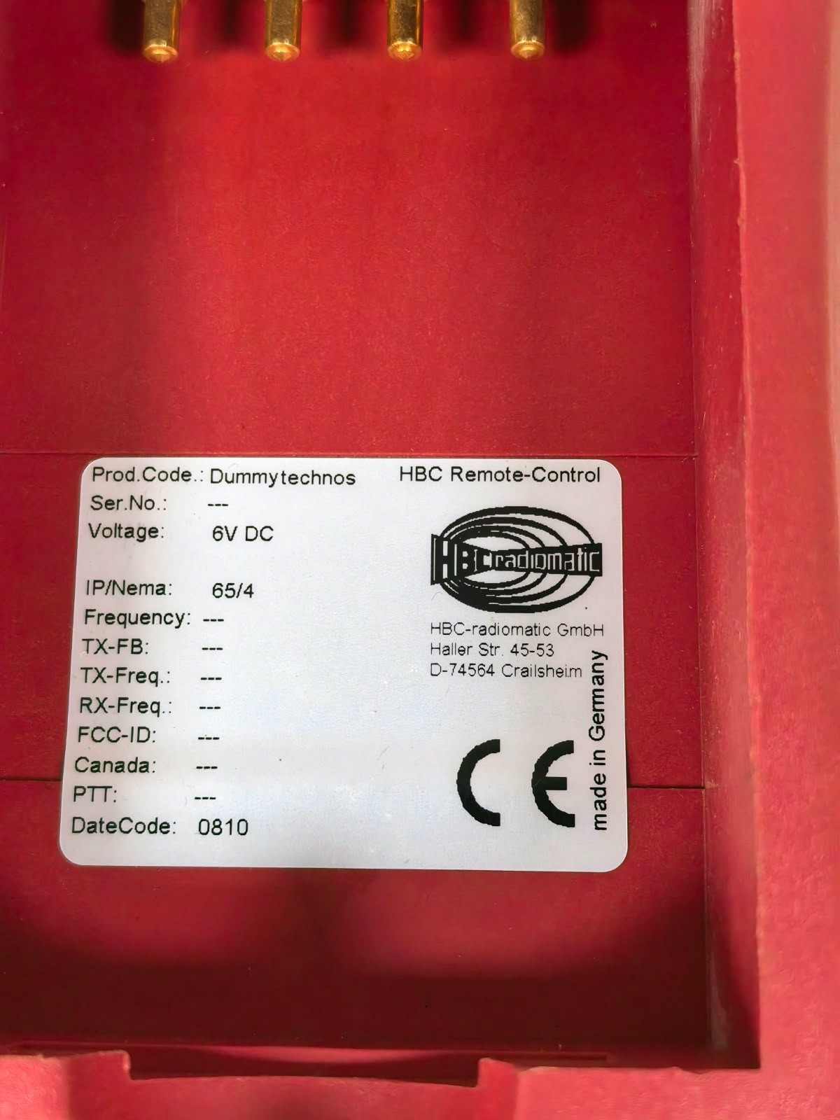 HBC RADIOMATIC FASSI DUMMY TECHNOS HBC RADIOMATIC FASSI DUMMY TECHNOS REMOTE CONTROL 6VDC 8