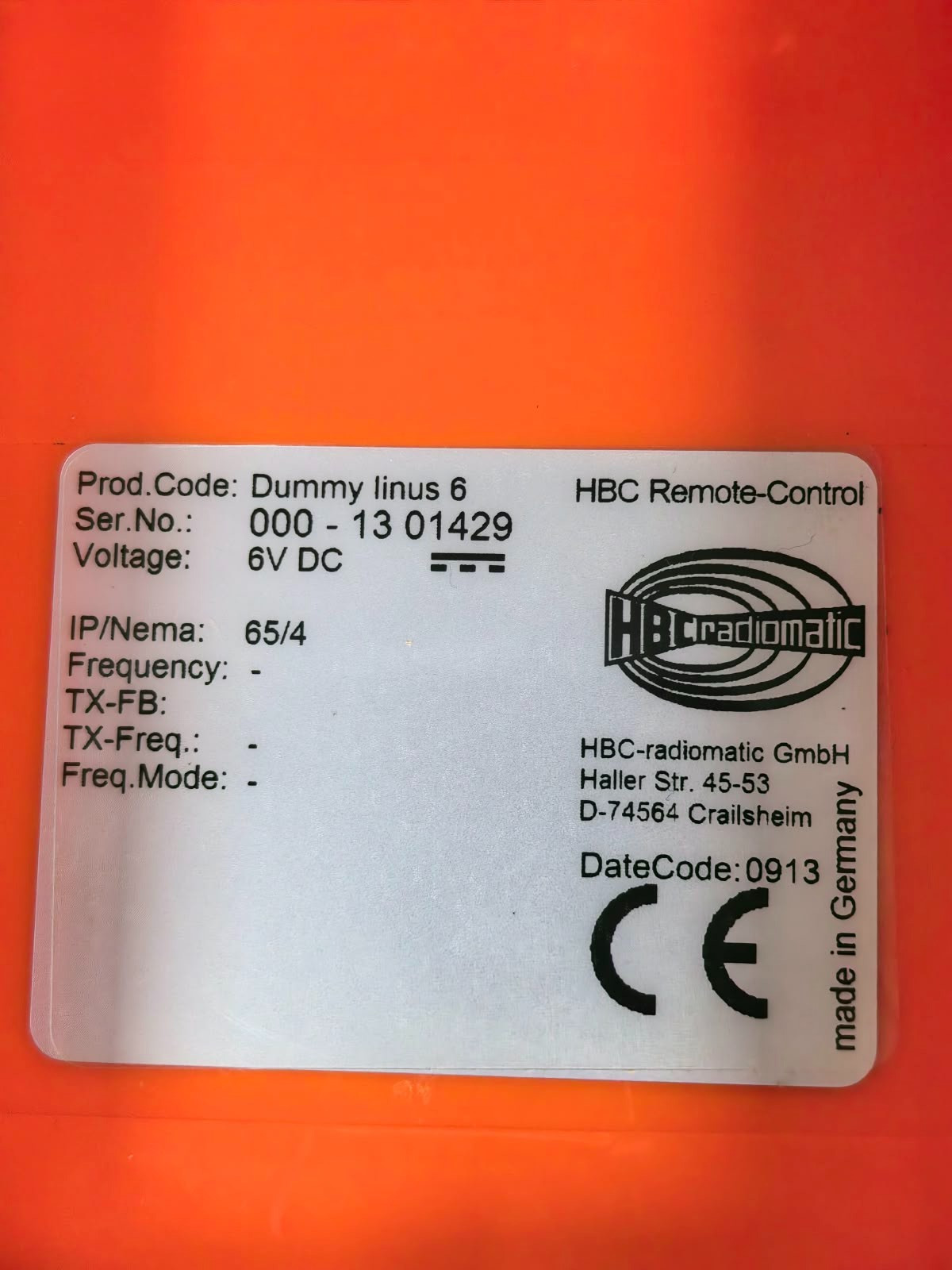 HBC RADIOMATIC DUMMY LINUS 6 HBC RADIOMATIC DUMMY LINUS 6 REMOTE CONTROL 6VDC 6