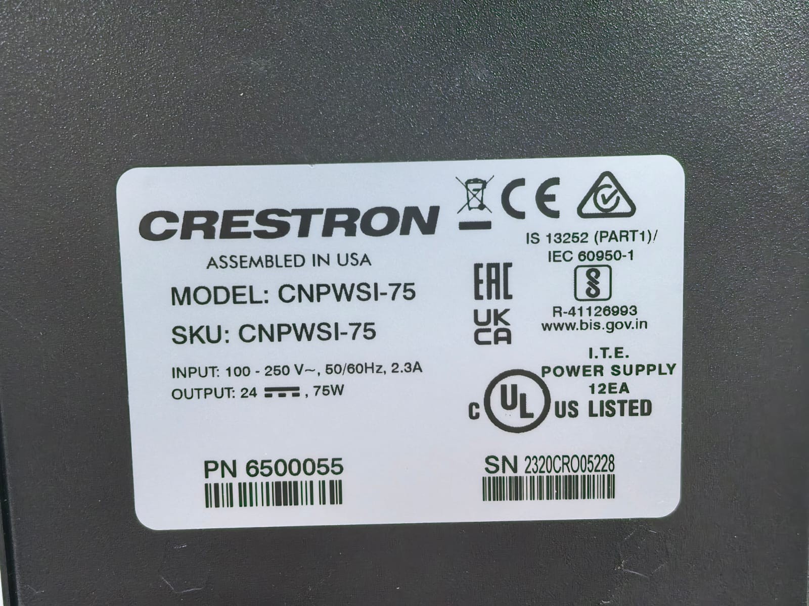 Crestron 6500055 CRESTRON CNPWSI-75 POWER SUPPLY 6500055 4