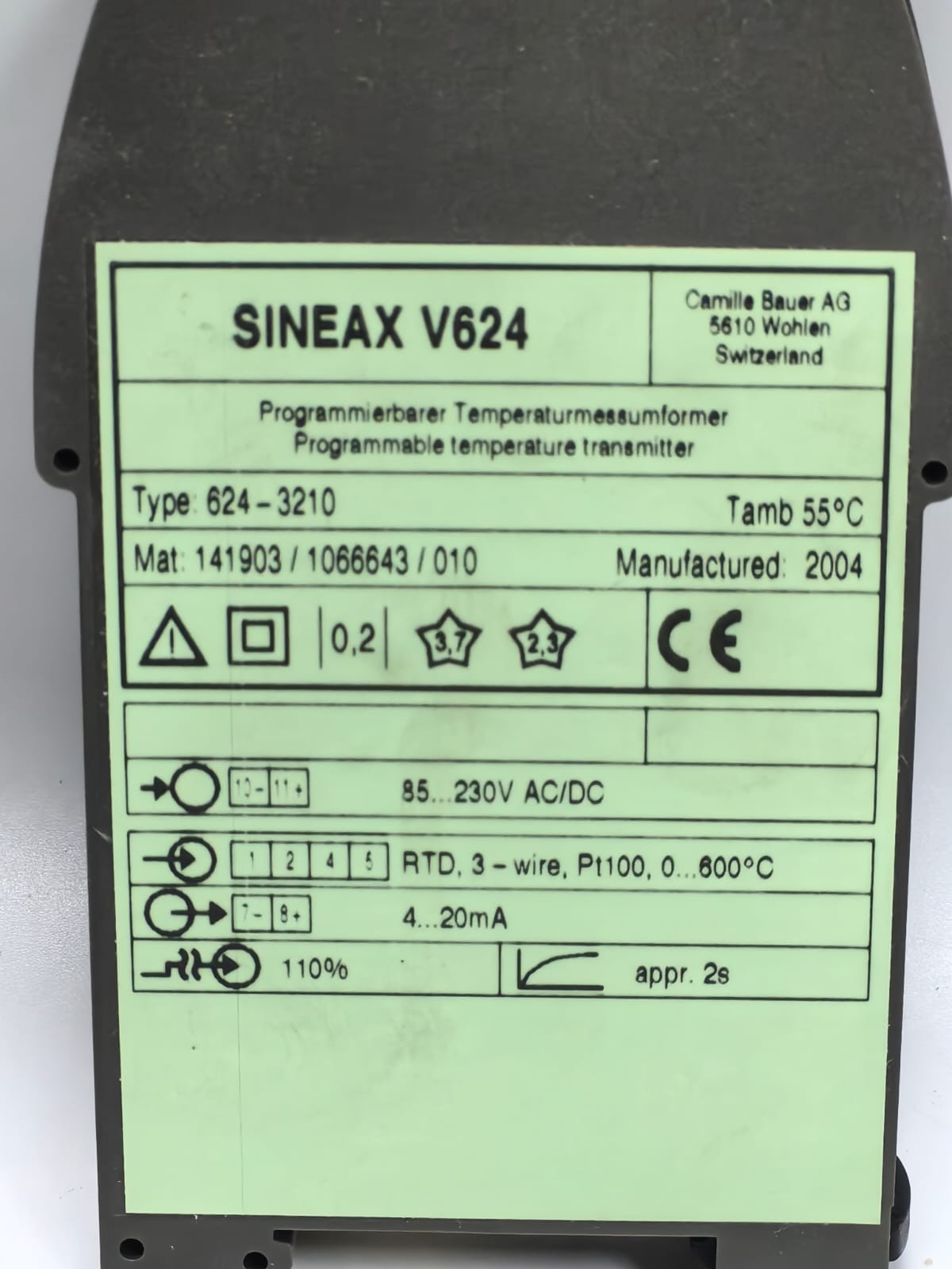 CAMILLE BAUER AG 624-3210 CAMILLE BAUER AG SINEAX V624 PROGRAMMABLE TEMPERATURE TRANSMITTER 624-3210 2