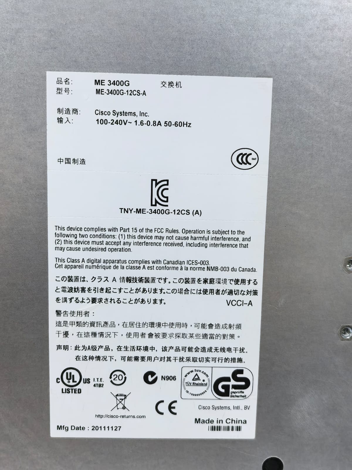 Cisco ME 3400 / ME-3400G-12CS-A CISCO ME 3400 / ME-3400G-12CS-A ETHERNET ACCESS SWITCHES 100-240V 5