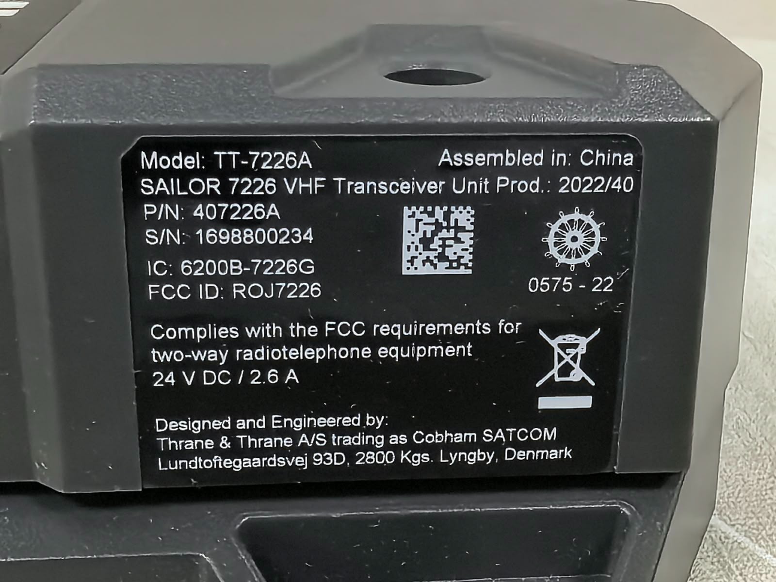 SAILOR COMBHAM TT-7226A / 406201A-00500 / 7724 SAILOR COMBHAM TT-7226A TRANSCEIVER /406201A-00500 HANDSET / 7724 CONTROL UNIT 9