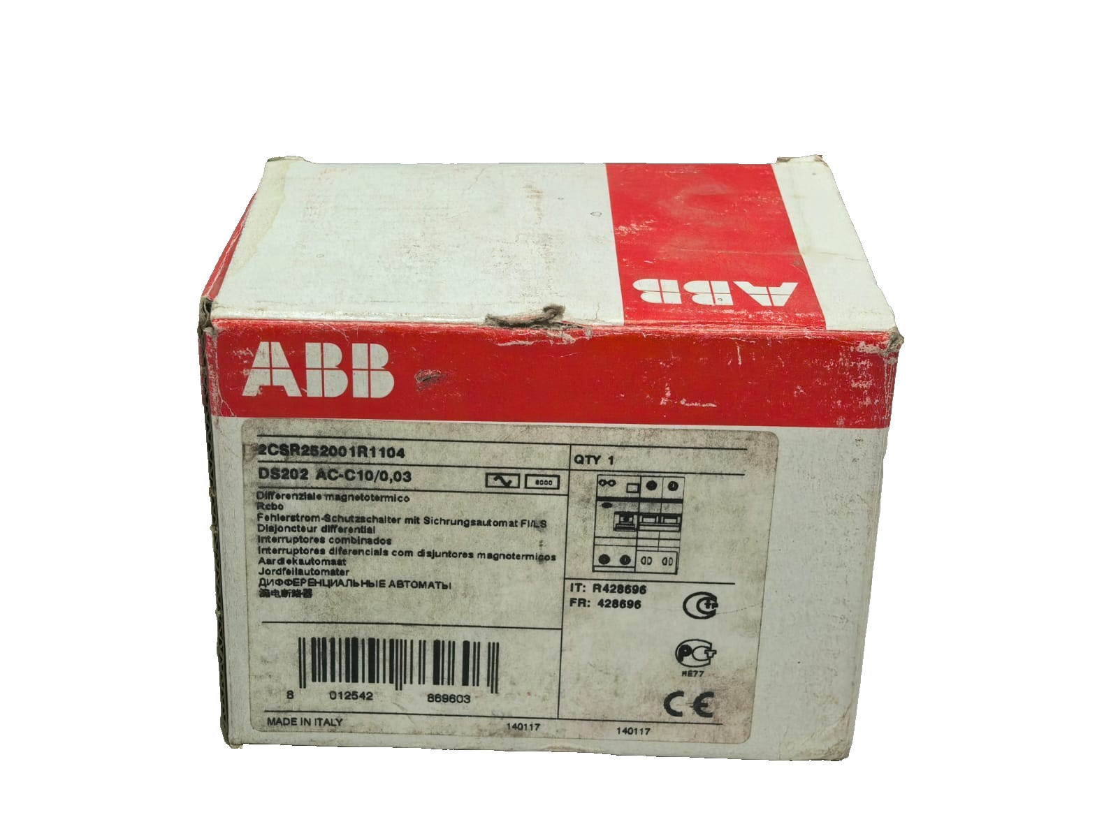 ABB 2CSR252001R1104 ABB 2CSR252001R1104 RESIDUAL CURRENT CIRCUIT BREAKER DS202 AC-C10/0.03 10