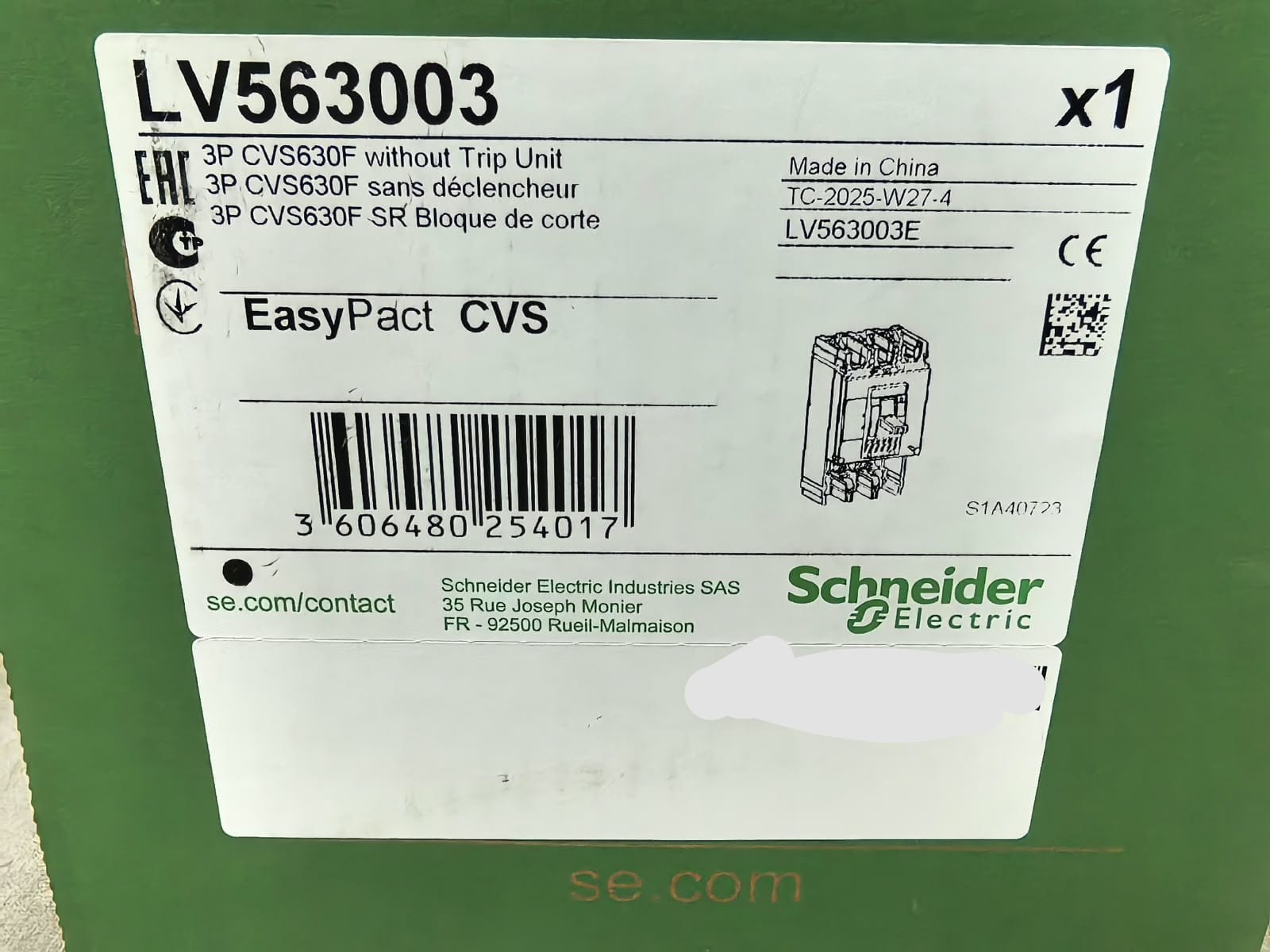 Schneider Electric LV563003 CVS630F SCHNEIDER ELECTRIC LV563003 CVS630F WITHOUT TRIP UNIT 10