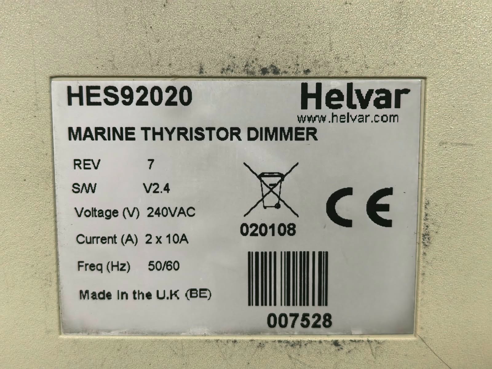 HELVAR HES92020 REV 7 S/W V2.4 HELVAR MARINE THYRISTOR DIMMER REV 7 S/W V2.4 240VAC 9