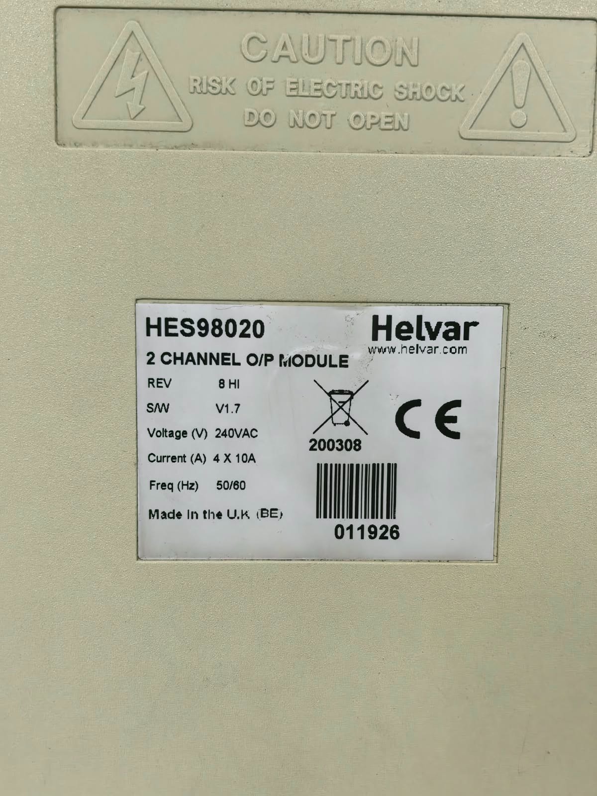 HELVAR HES98020 REV.8 HI S/W V1.7 HELVAR HES98020 REV.8 HI 2-CHANNEL O/P MODULE S/W V1.7 240VAC 7
