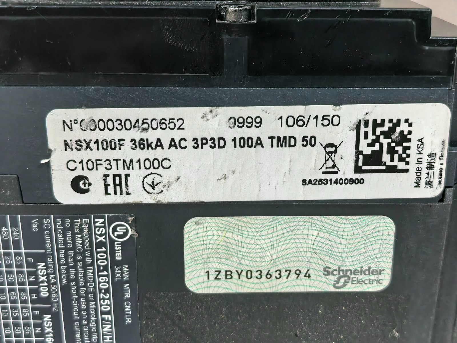 Schneider Electric NSX100F/ NSX100-160-250F/N/H/NA SCHNEIDER ELECTRIC NSX100F/ NSX100-160-250F/N/H/NA CIRCUIT BREAKER 800V 9