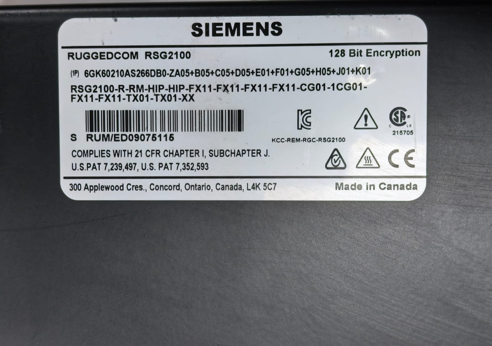 Siemens RSG2100-R-RM-HIP-HIP-FX11-FX11-FX11-CG01-1CG01-FX11-FX11-TX01-TX0 SIEMENS RUGGEDCOM RSG2100 128 BIT ENCRYPTION ETHERNET SWITCH 8