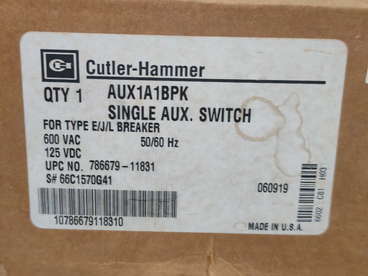 EATON/CUTLER HAMMER 66C1570G41 EATON/CUTLER HAMMER AUX1A1BPK SINGLE AUX.SW.FOR TYPE E/J/L BREAKER 66C1570G41 8