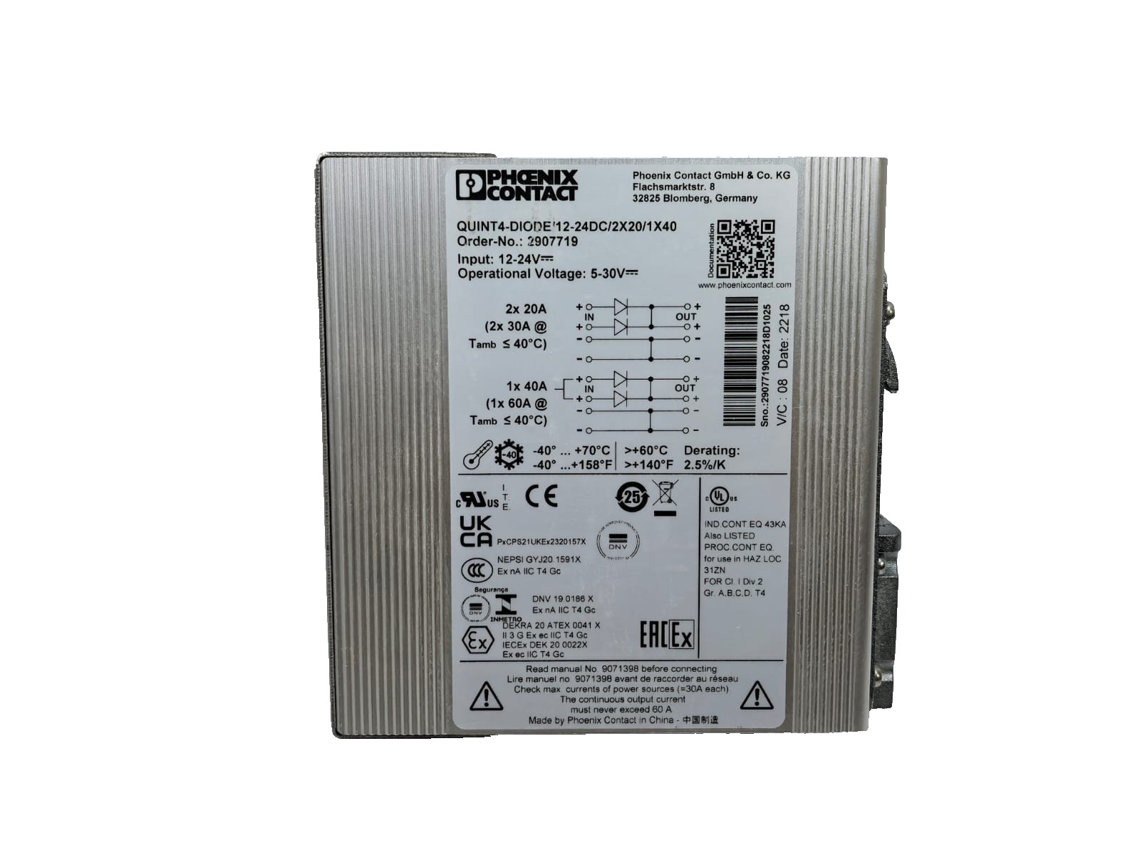 Phoenix Contact 2907719 PHOENIX CONTACT QUINT4-DIODE/12-24DC/2X20/1X40 REDUNDANCY MODULE 2907719 4