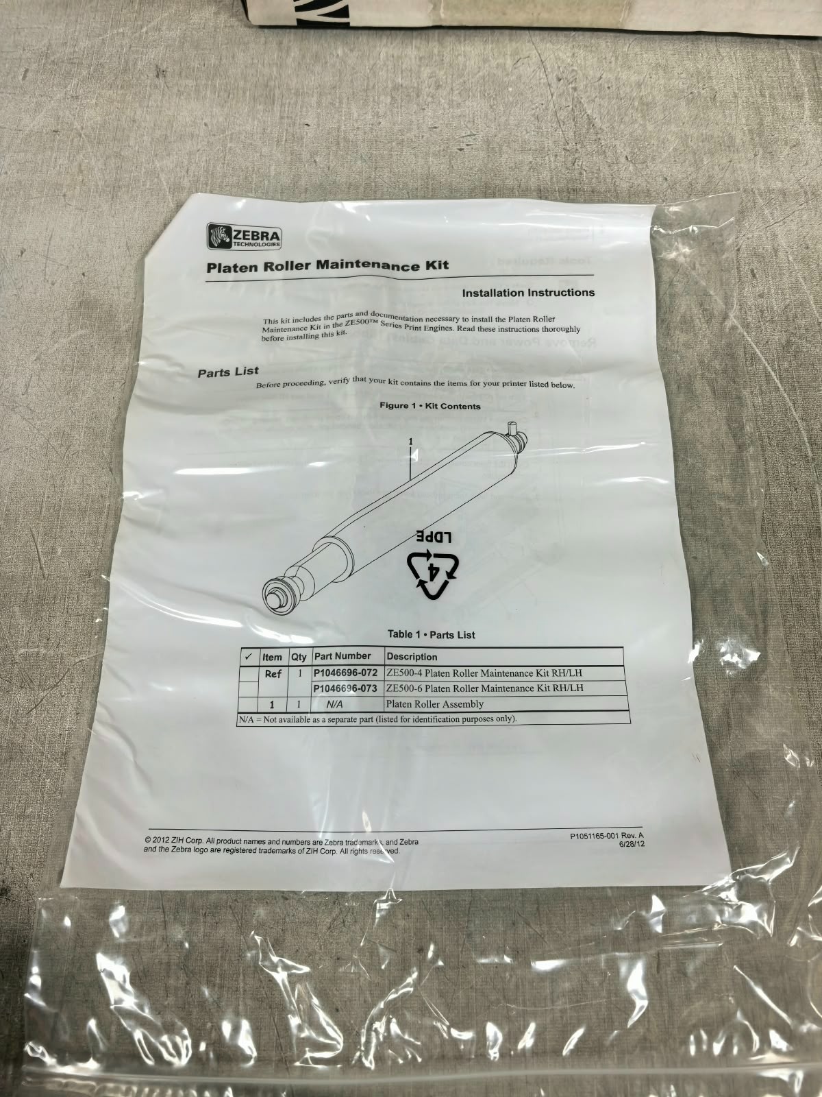 ZEBRA TECHNOLOGIES CORP. P10-46696-073 ZEBRA TECHNOLOGIES CORP. P10-46696-073 KIT PLATEN ROLLER ZE500-6RH &LH 9