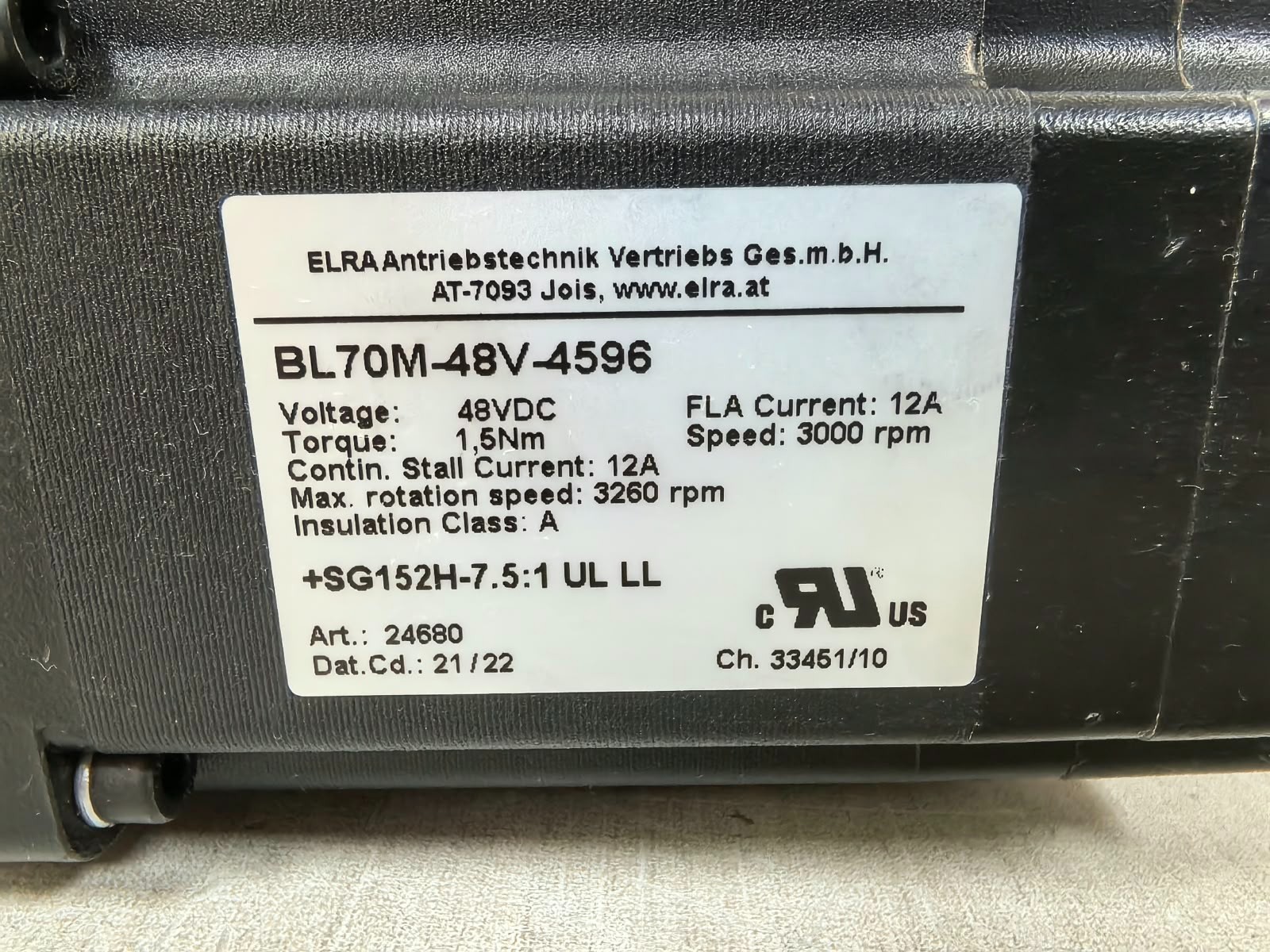 ELRA BL70M-48V-4596 ELRA BL70M-48V-4596 +SG152H-7.5;1 UL LL BRUSHLESS GEARED MOTOR 24680 5