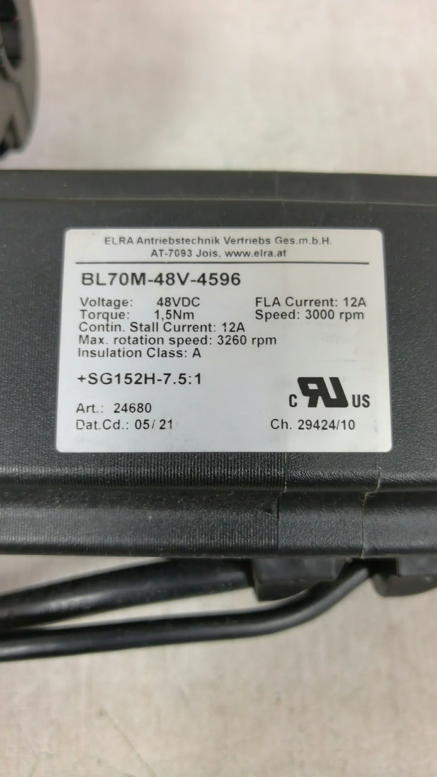 ELRA BL70M-48V-4596 ELRA BL70M-48V-4596 +SG152H-7.5;1 UL LL BRUSHLESS GEARED MOTOR 24680 6