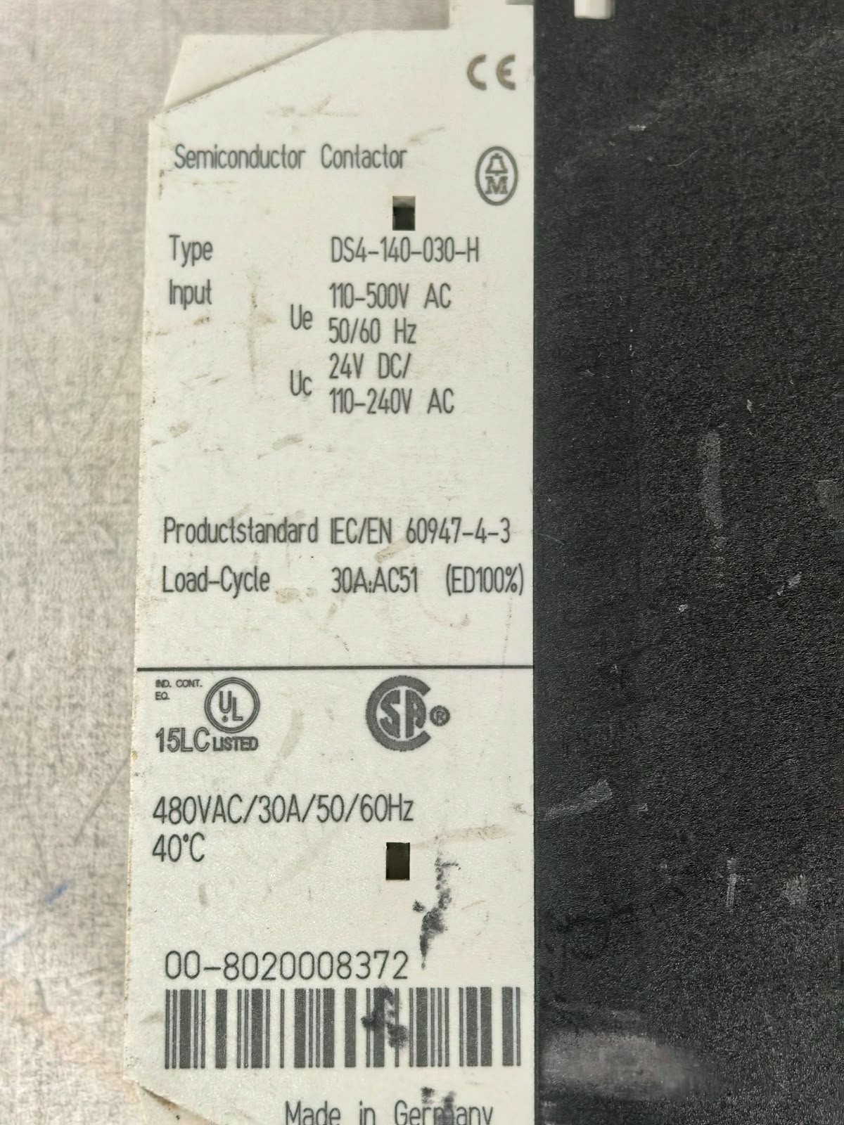 MOELLER DS4-140-030-H MOELLER DS4-140-030-H SEMICONDUCTOR CONTACTOR 480VAC 6