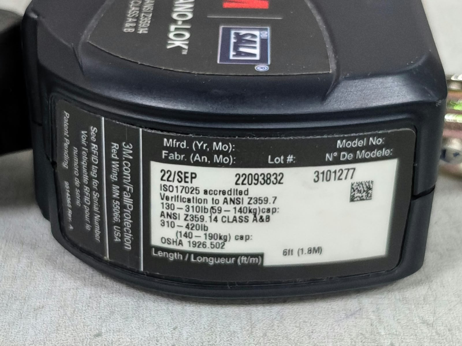 3M DBI SALA NANO-LOK 3101277 3M DBI SALA NANO-LOK 3101277 LIGHTWEIGHT PERSONAL SELF-RETRACTING LIFELINE 5