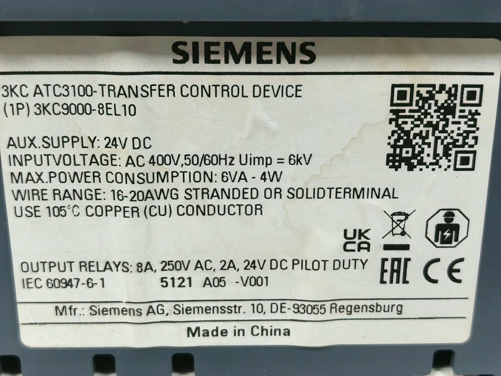 Siemens ATC3100/ 3KC ATC3100 SIEMENS ATC3100/ 3KC ATC3100 TRANSFER CONTROL DEVICE DC24V 8