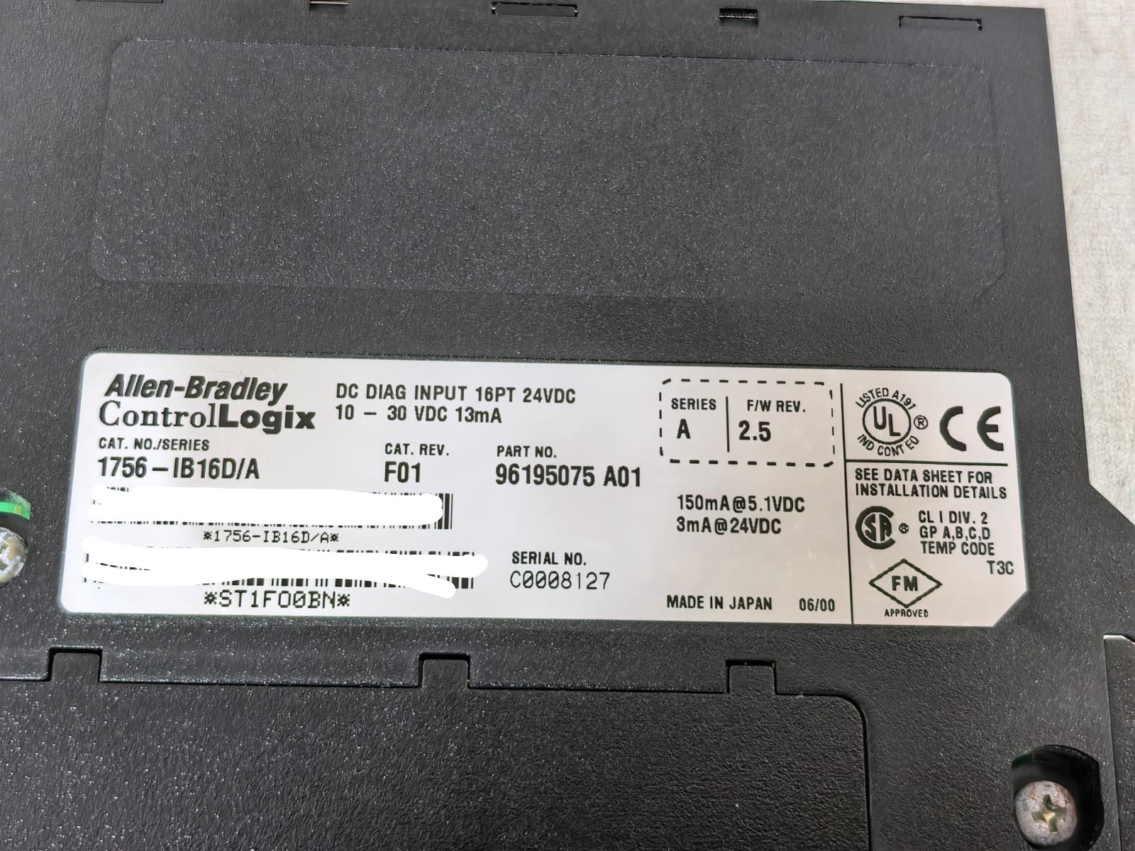 Allen-Bradley 96195075 A01 ALLEN-BRADLEY 1756-IB16D/A 96195075 A01 CONTROLLOGIX DC DIAG INPUT 16PT 24VDC 4