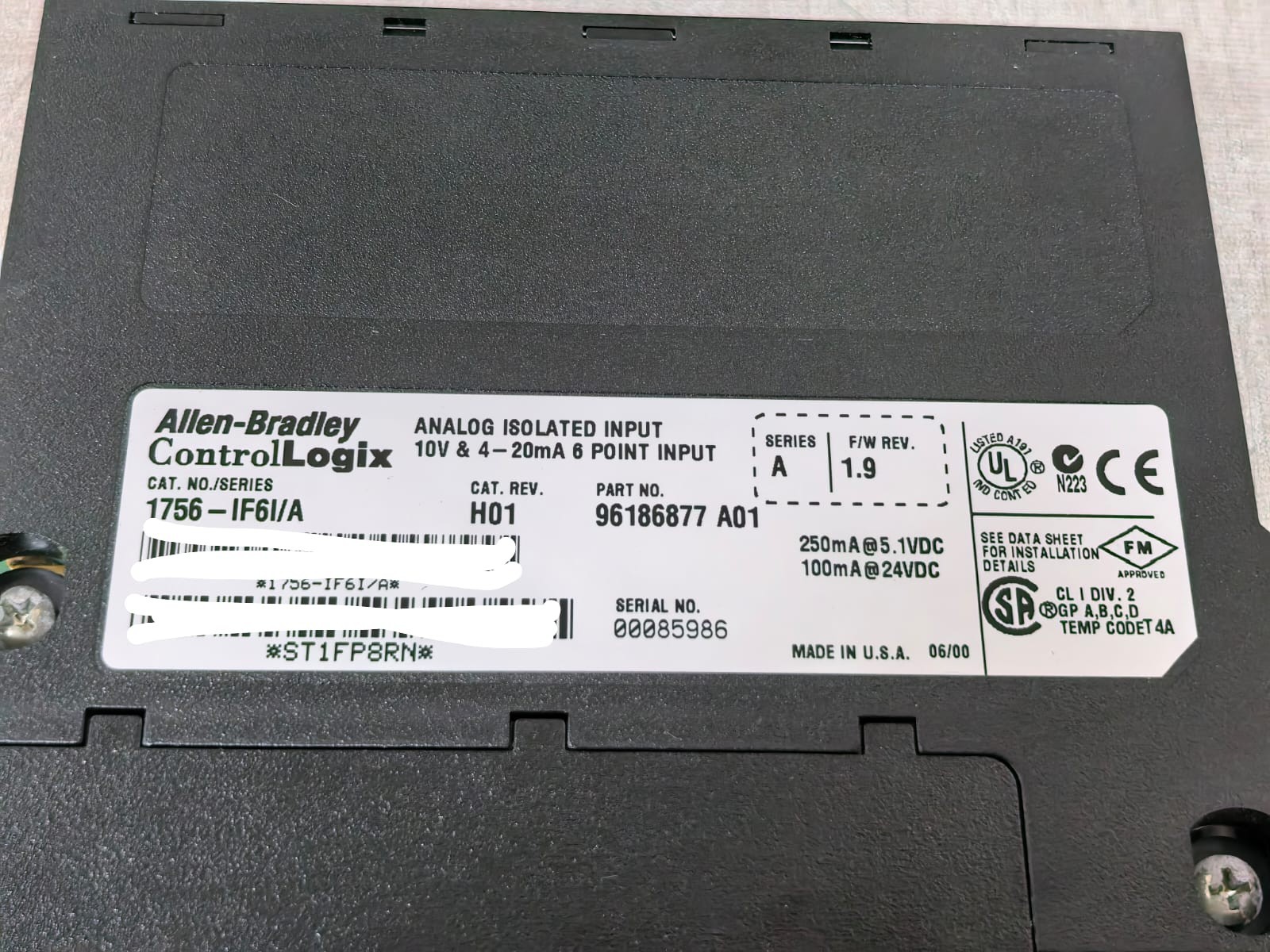 Allen-Bradley 96186877 A01 ALLEN-BRADLEY 1756-IF6I/A 96186877 A01 ANALOG ISOLATED INPUT 4