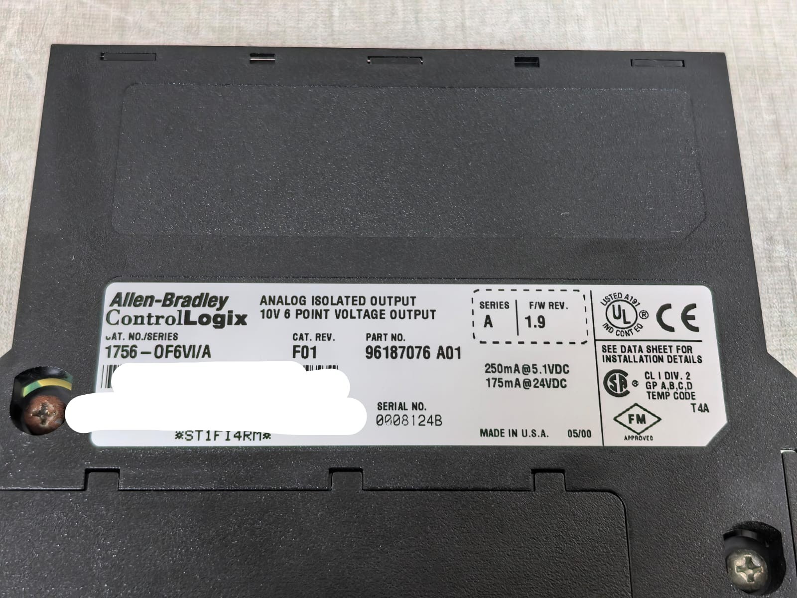 Allen-Bradley 96187076 A01 ALLEN-BRADLEY 1756-OF6VI/A 96187076 A01 ANALOG ISOLATED INPUT 6