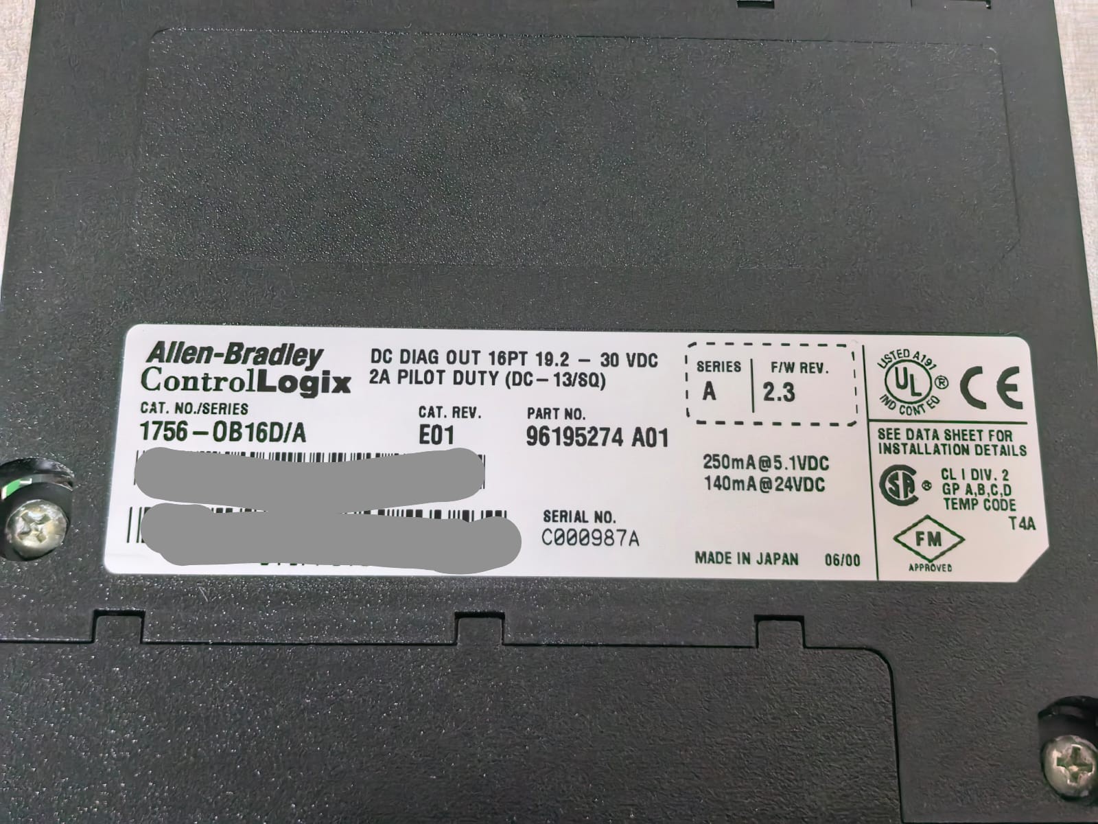 Allen-Bradley 96195274 A01 ALLEN-BRADLEY 1756-OB16D/A 96195274 A01 CONTROLLOGIX DC DIAG INPUT 19.2-30VDC 6