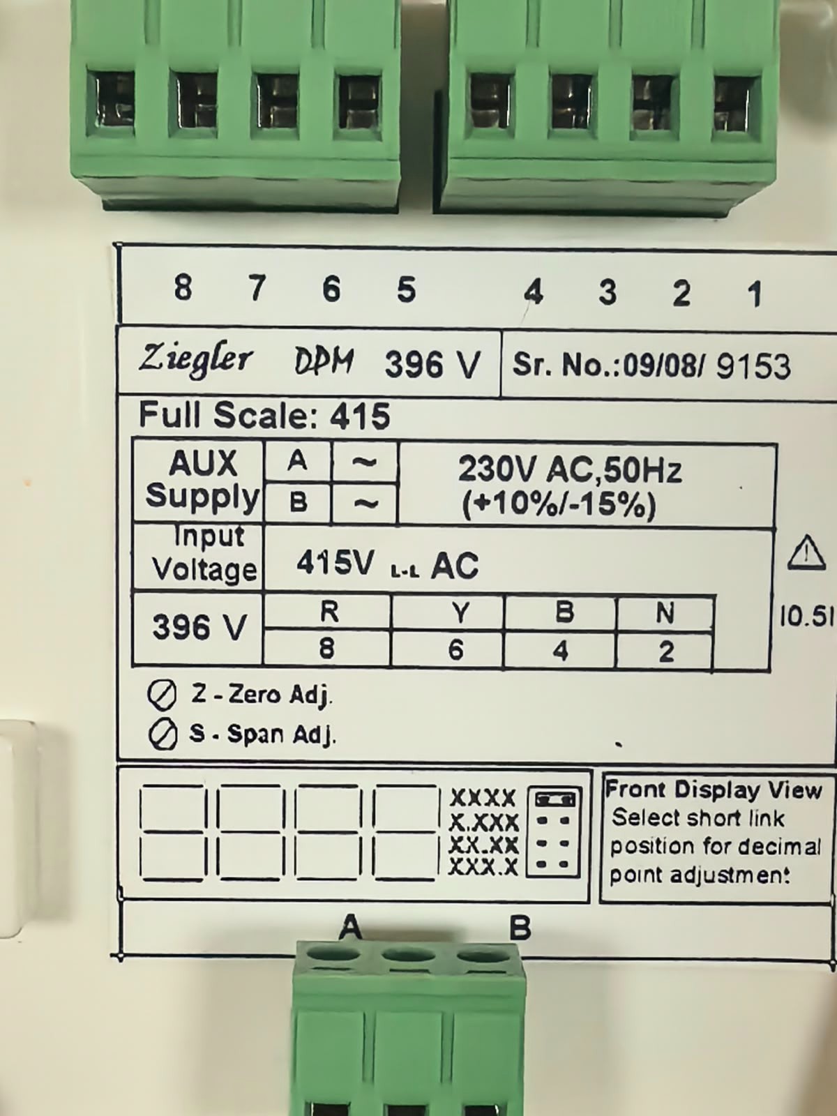 ZEIGLER DPM396V ZIEGLER DPM396V VOLTMETER 415V 230VAC 10
