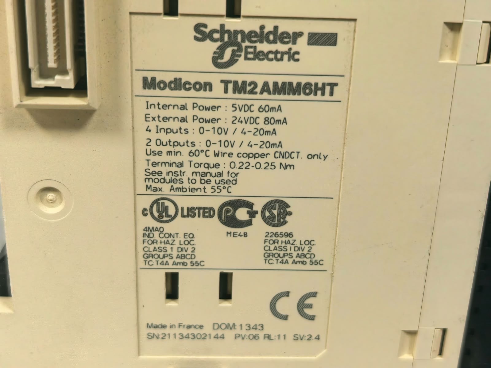 Schneider Electric TM2AMM6HT SCHNEIDER ELECTRIC MODICON TM2AMM6HT ANALOG INPUT/ OUTPUT EXPANSION MODULE 24VDC 6