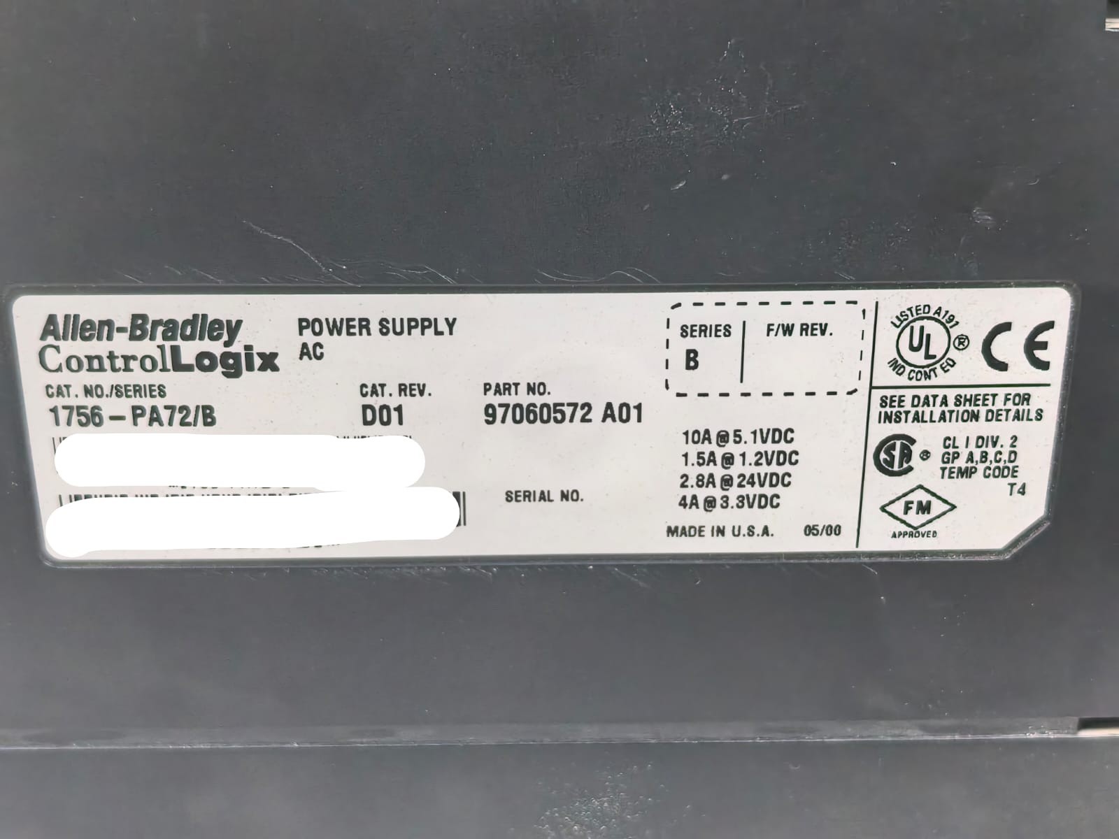 Allen-Bradley 97060572 A01 ALLEN-BRADLEY 1756-PA72/B 97060572 A01 CONTROLLOGIX POWER SUPPLY 7
