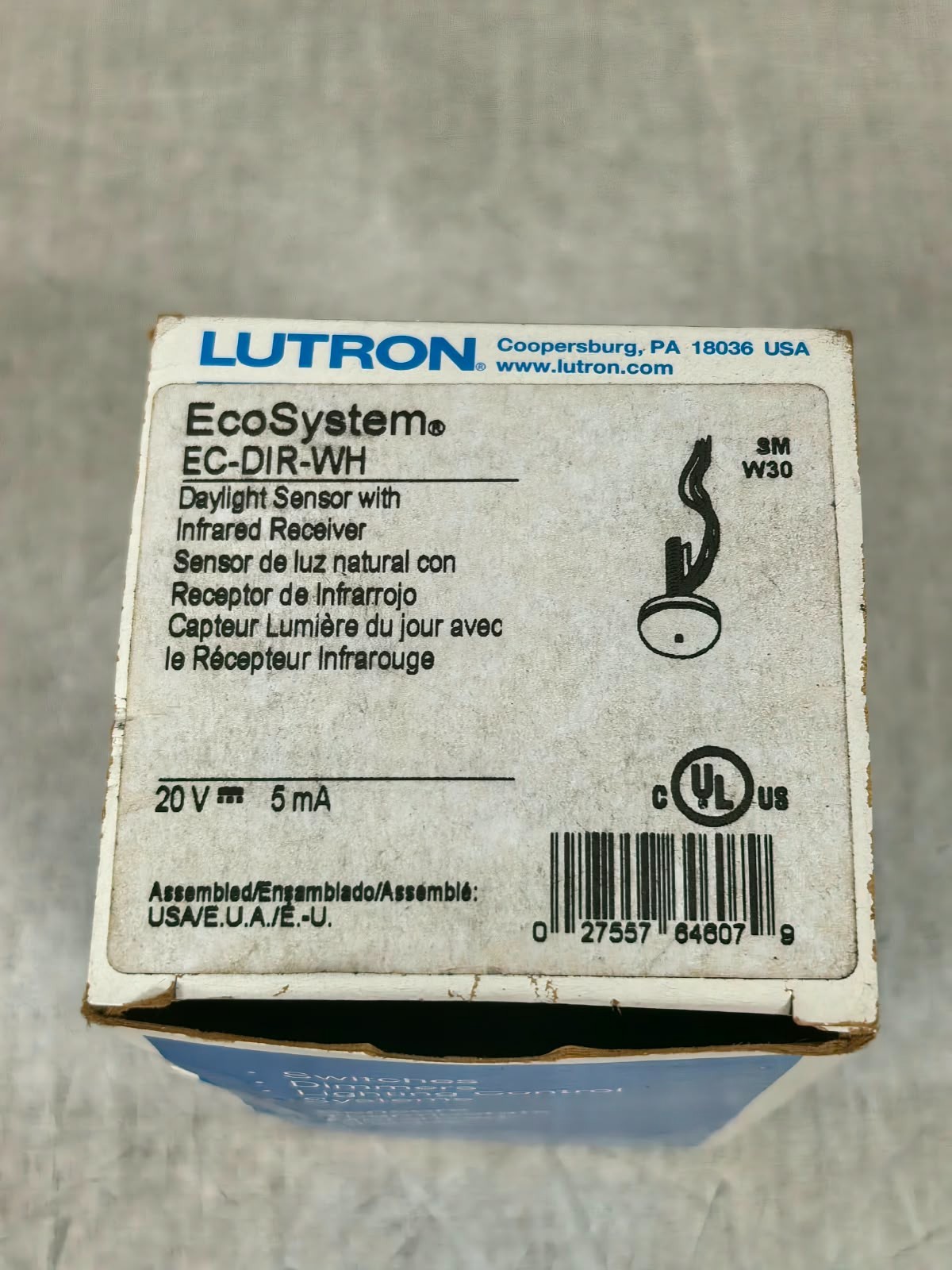 Lutron EC-DIR-WH LUTRON EC-DIR-WH DAYLIGHT SENSOR WITH INFRARED RECIEVER 20V 8