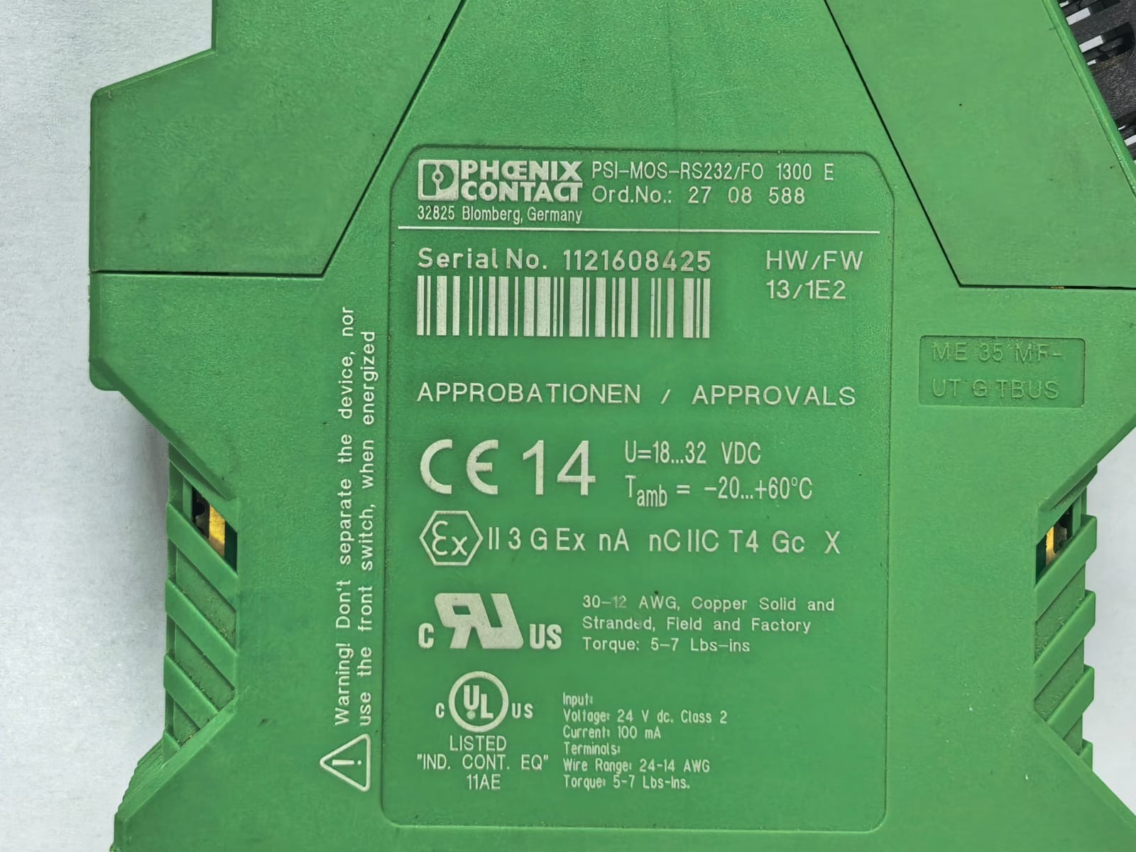 Phoenix Contact 2708588 PHOENIX CONTACT PSI-MOS-RS232/FO 1300 E FIBER OPTIC CONVERTER 2708588 3