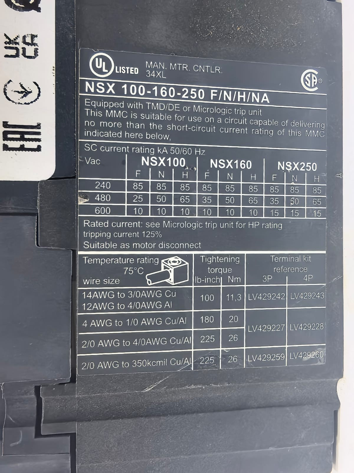 Schneider Electric NSX100F SCHNEIDER ELECTRIC NSX100F/NSX 100-160-250 F/N/H/NA CIRCUIT BREAKER 400A 4