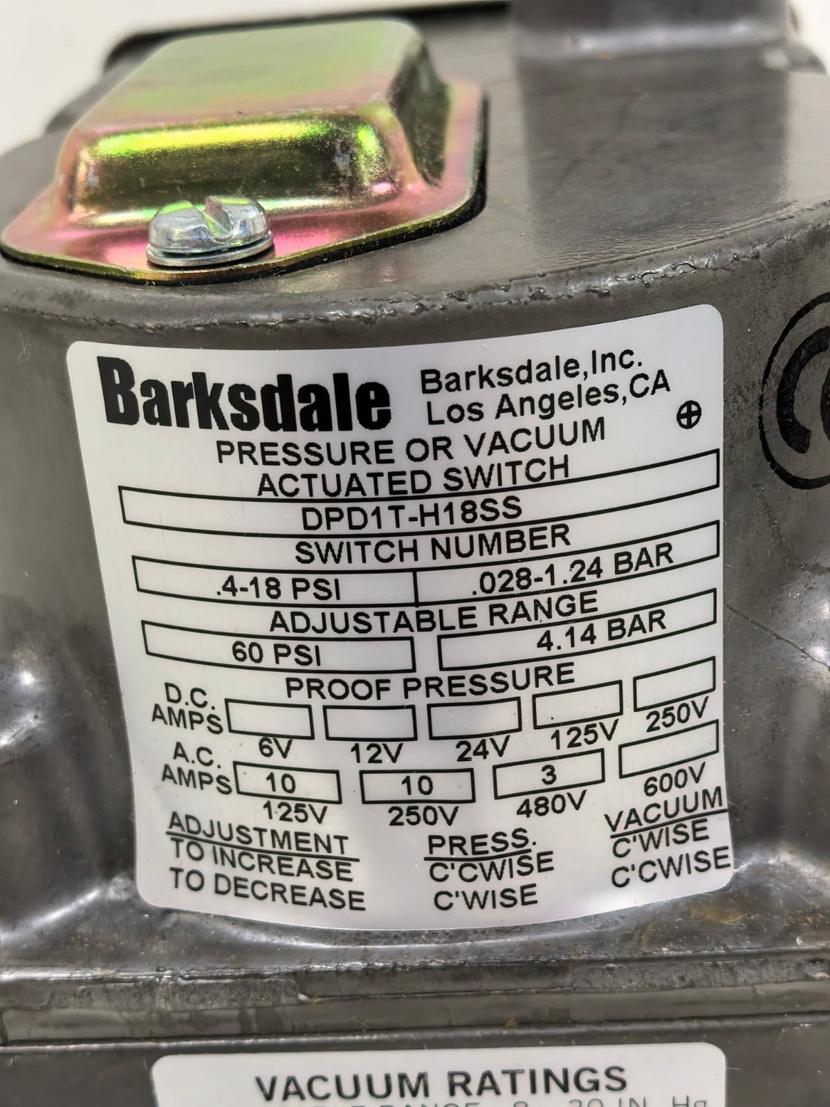 Barksdale DPD1T-H18SS BARKSDALE DPD1T-H18SS PRESSURE OR VACCUM ACTUATED SWITCH 4